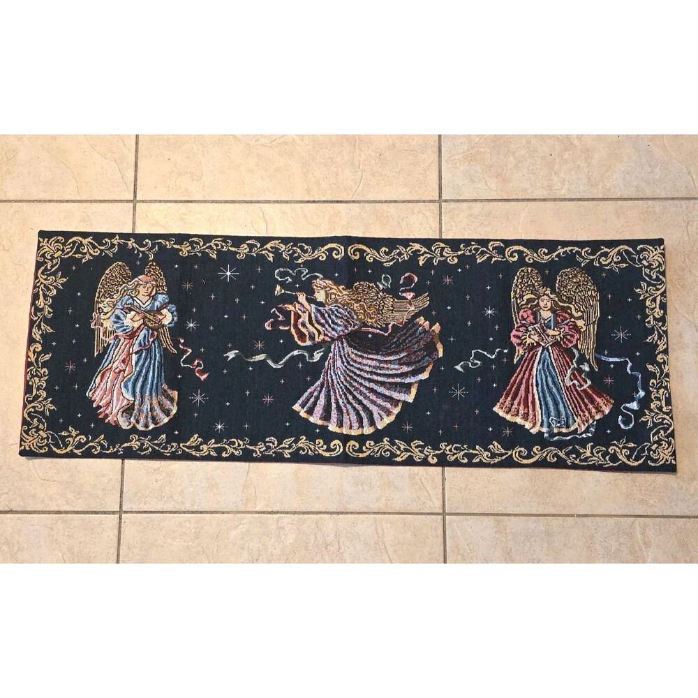 Angel Christmas Blue Table Runner Tapestry Vintage Religious 36 in